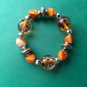Orange and Silver Beaded Bracelet with Glass Accents